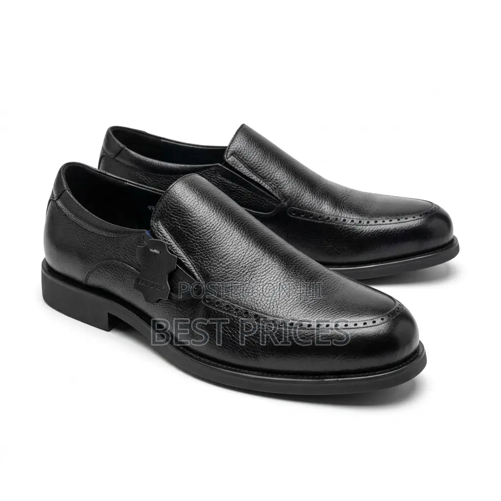 Men's Black Leather Apron-Toe Slip-On Shoes