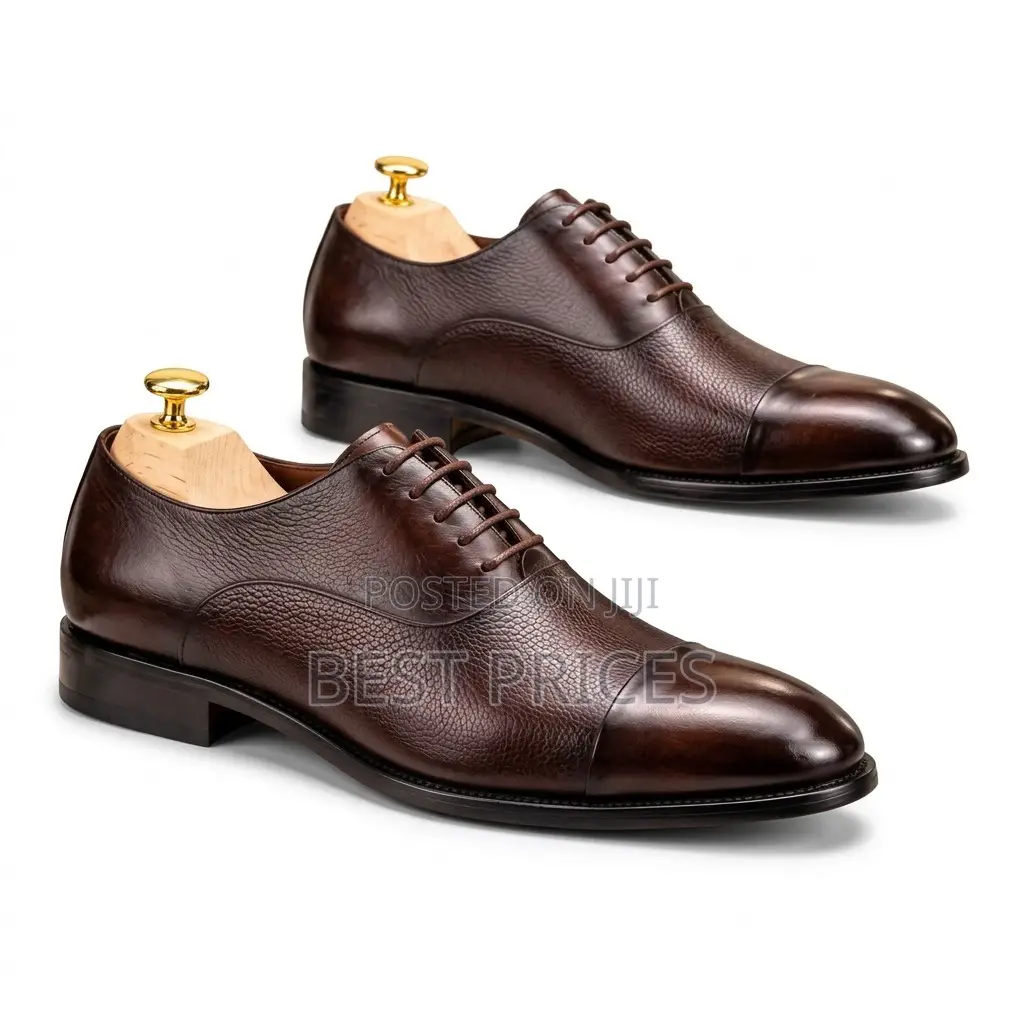 Men's Dark Brown Pebbled Leather Cap-Toe Oxford Shoes