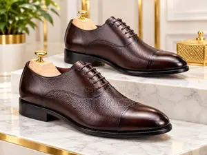 Men's Dark Brown Pebbled Leather Cap-Toe Oxford Shoes