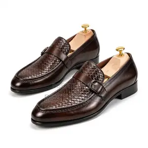 Men's Brown Woven-Texture Buckle Loafers