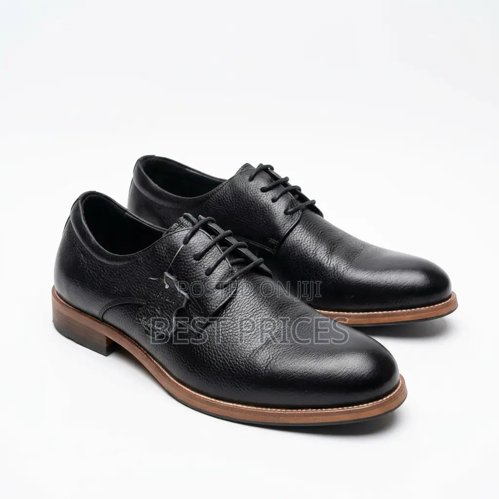 Men's Black Pebbled Leather Derby Shoes with Brown Sole