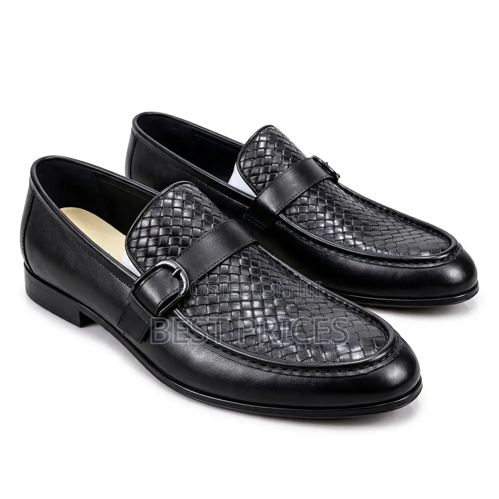 Men's Black Woven-Texture Buckle Loafers