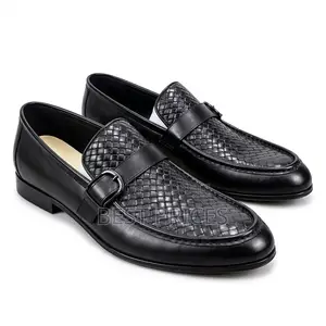 Men's Black Woven-Texture Buckle Loafers