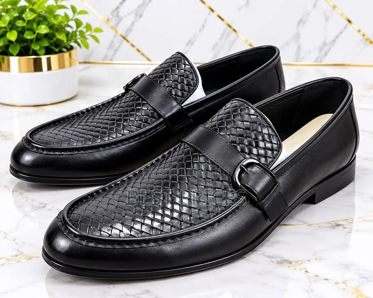 Men's Black Woven-Texture Buckle Loafers