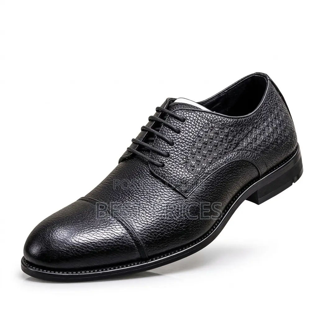 Men's Black Pebbled Leather Cap-Toe Derby Shoes