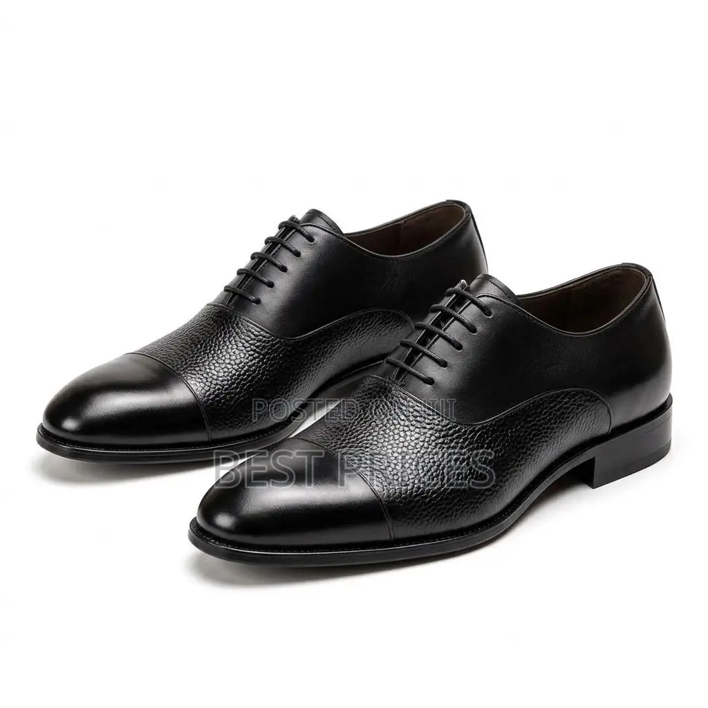Men's Black Pebbled Leather Cap-Toe Oxford Shoes