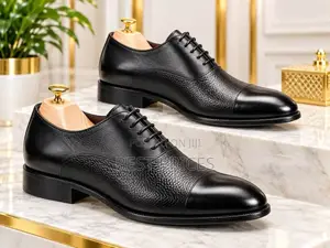 Men's Black Pebbled Leather Cap-Toe Oxford Shoes