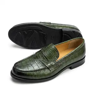 Men's Olive Green Croc-Embossed Penny Loafers