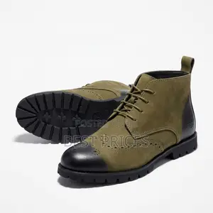 Men's Olive and Black Brogue Lace-Up Ankle Boots