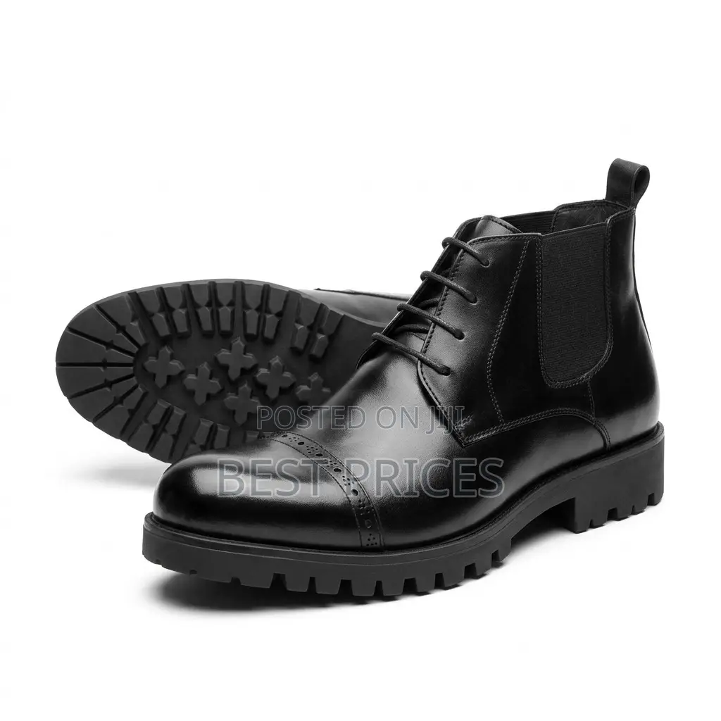 Men's Black Brogue Cap-Toe Lace-Up Lug-Sole Ankle Boots