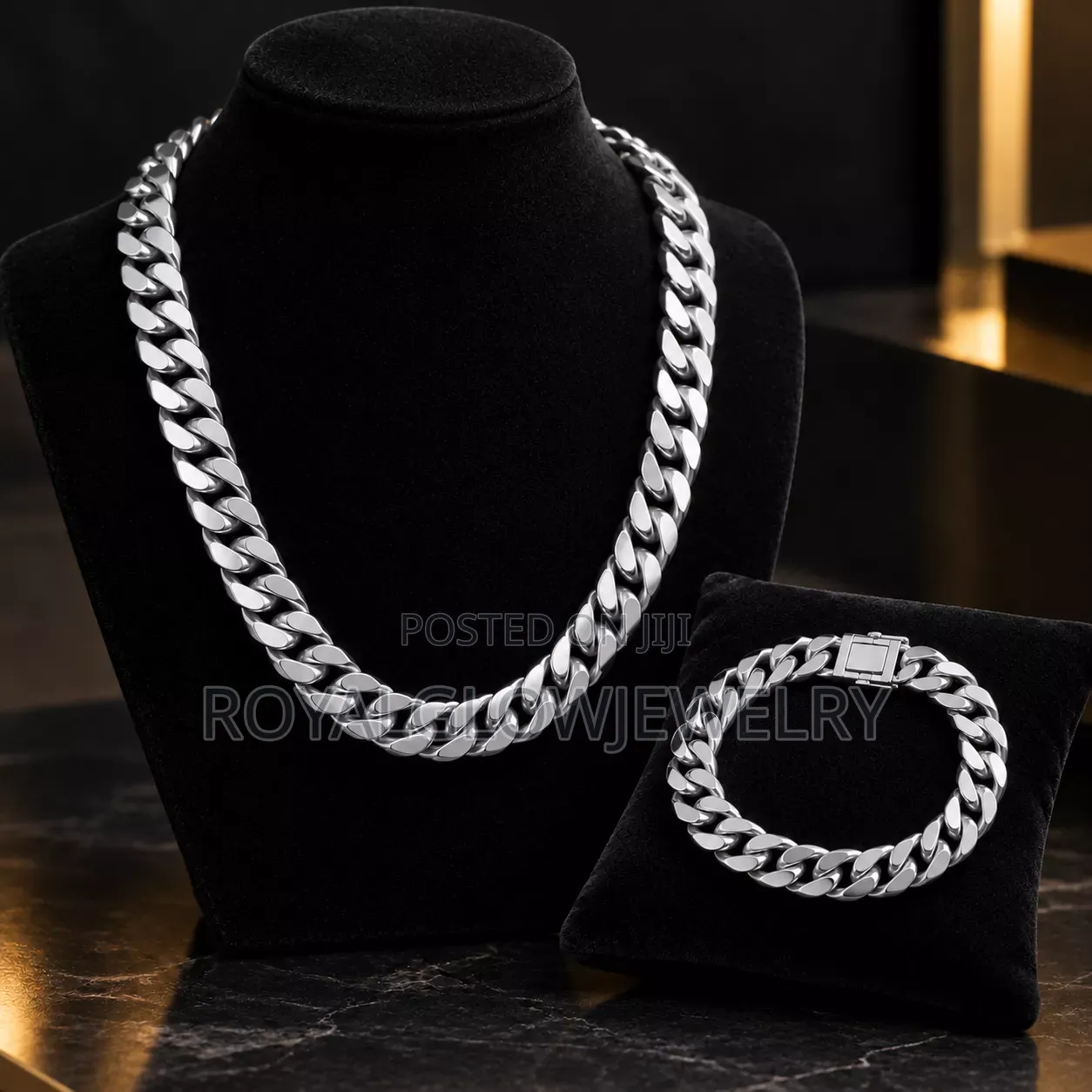 Silver Cuban Link Chain and Matching Bracelet Set