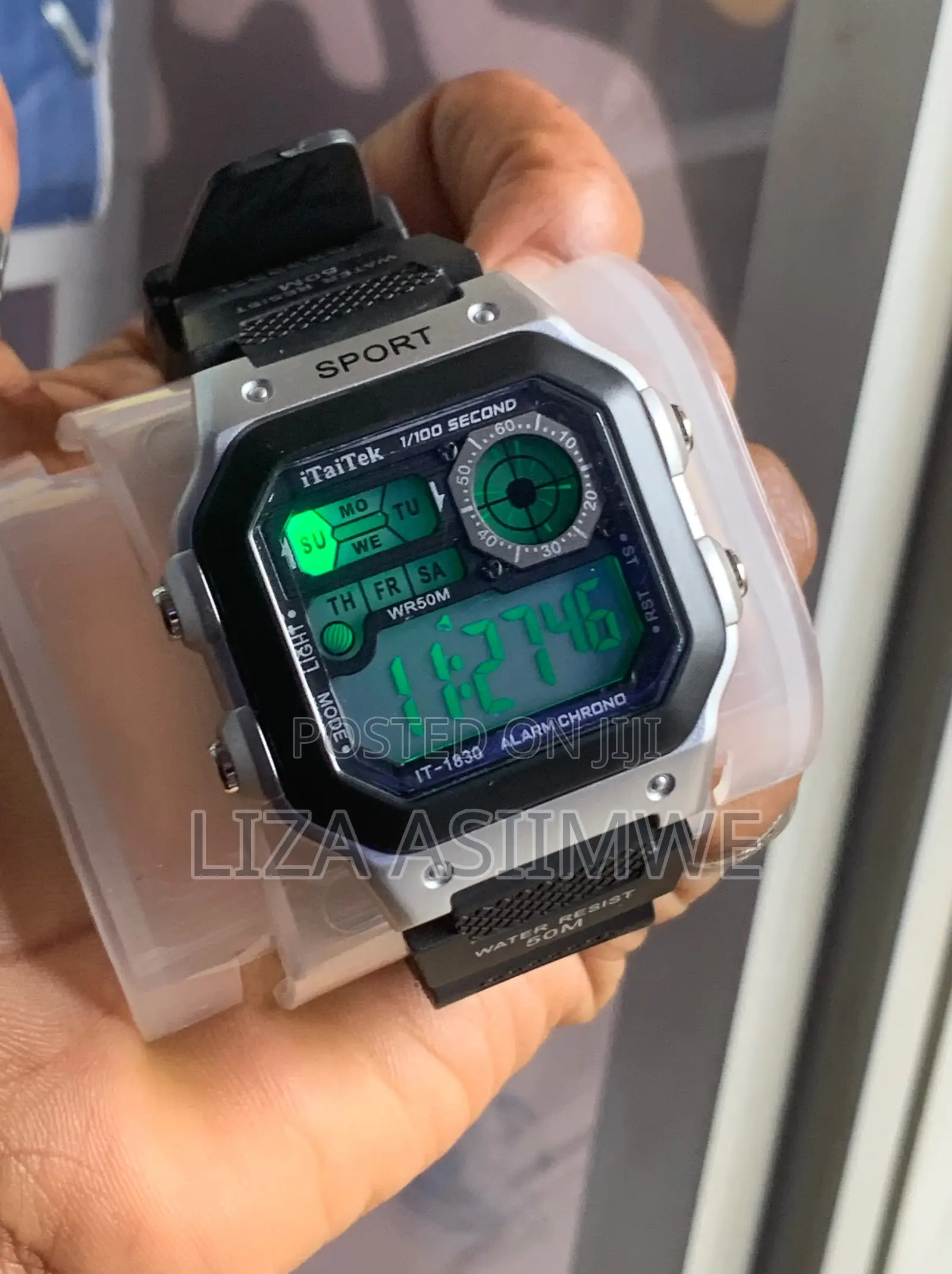 Digital Sports Watch With a Silver-Tone Square & a Black Resin Strap