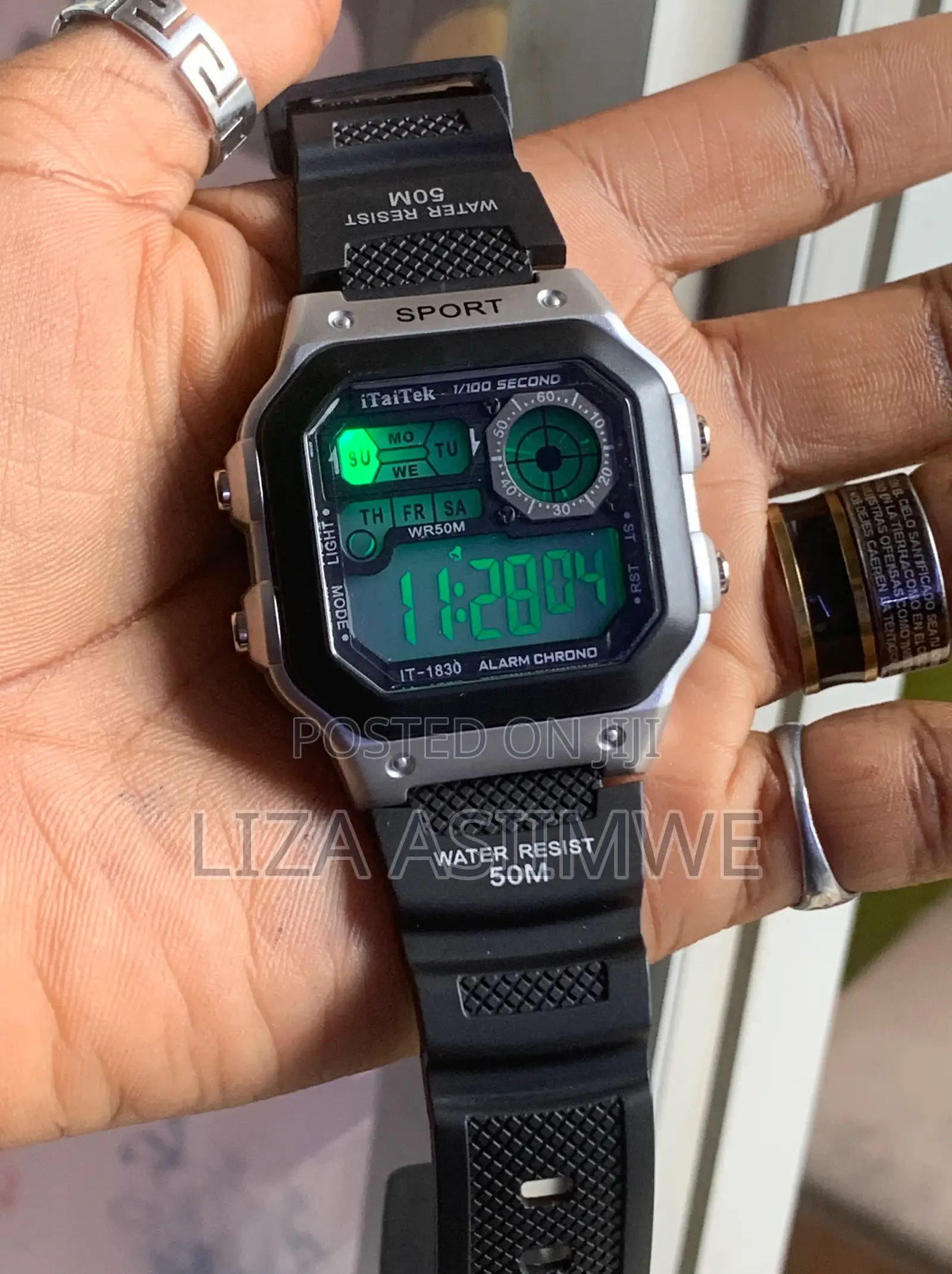 Digital Sports Watch With a Silver-Tone Square & a Black Resin Strap