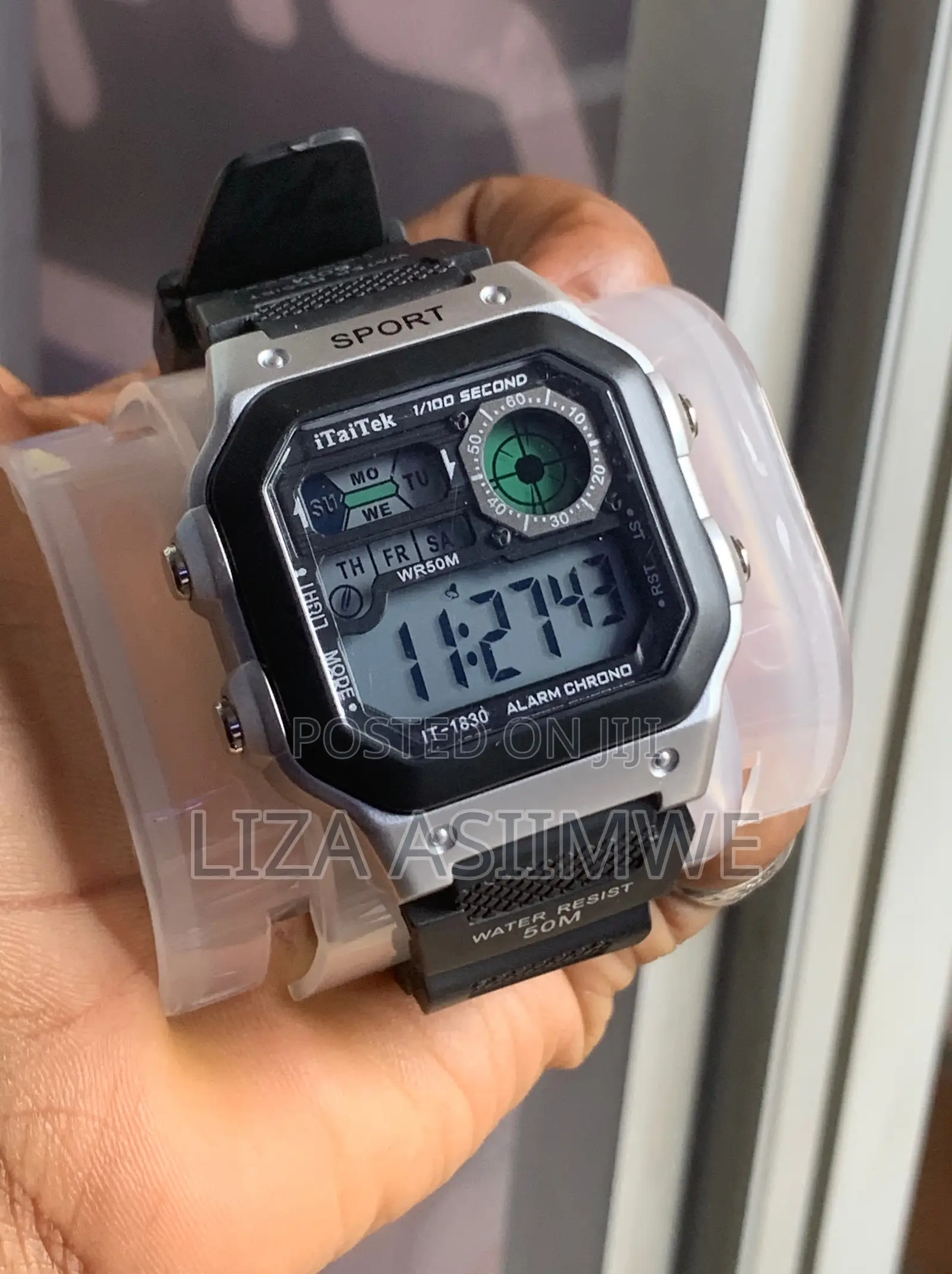 Digital Sports Watch With a Silver-Tone Square & a Black Resin Strap