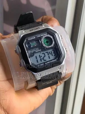 Digital Sports Watch With a Silver-Tone Square & a Black Resin Strap