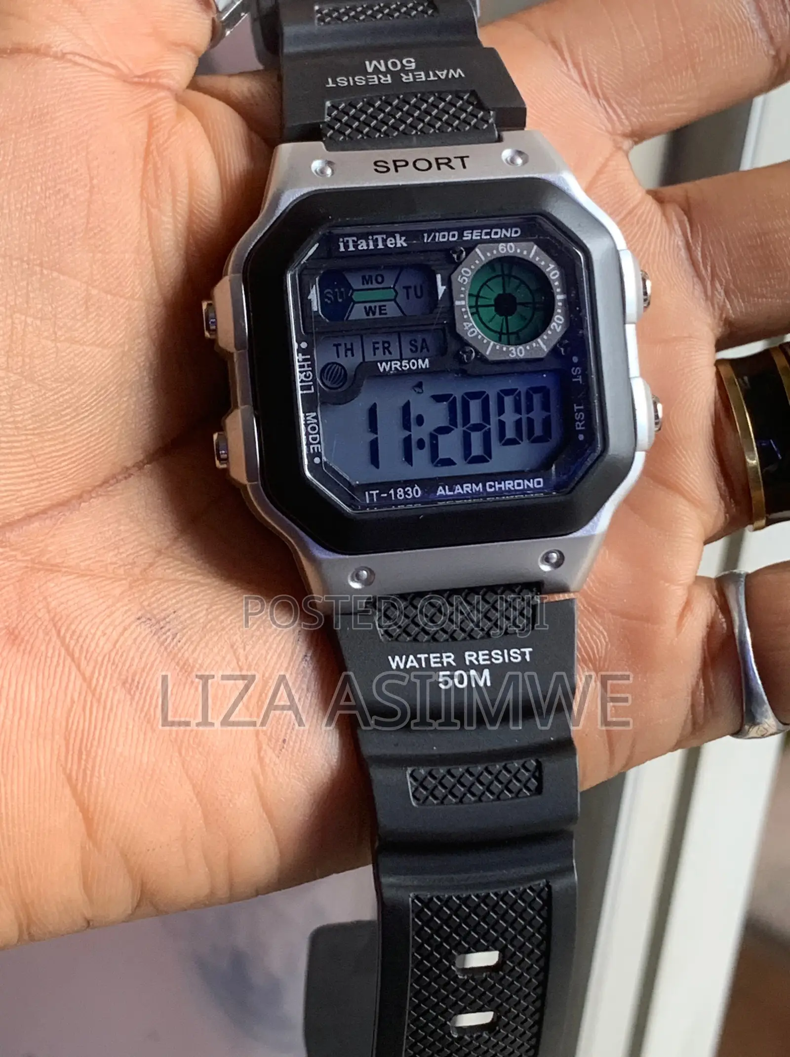 Digital Sports Watch With a Silver-Tone Square & a Black Resin Strap
