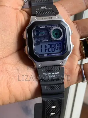 Digital Sports Watch With a Silver-Tone Square & a Black Resin Strap