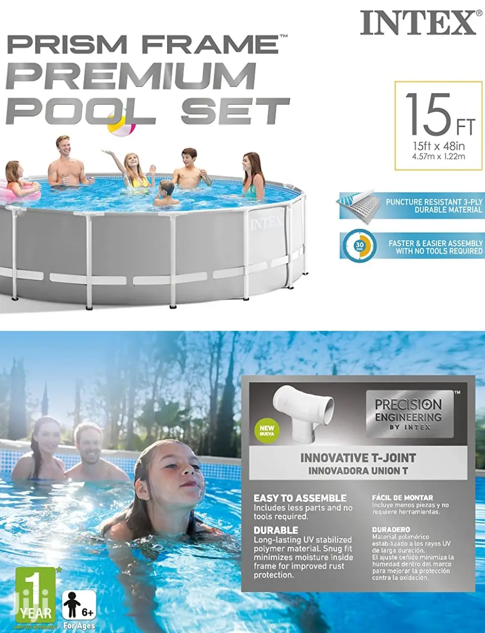 Intex Prism Frame Set Above Ground Swimming Pool 15ft X 48"