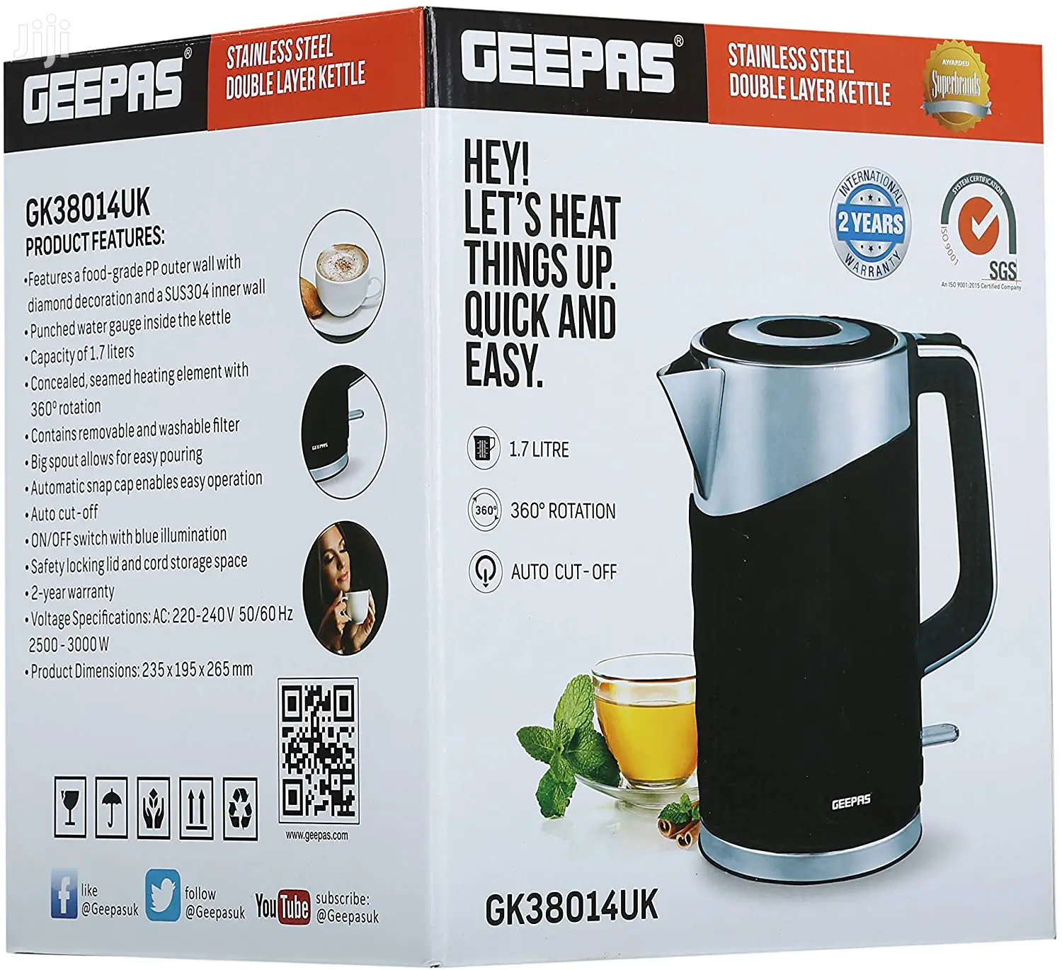 Geepas 1.7L Fast Boil Cordless Electric
Kettle 3000W