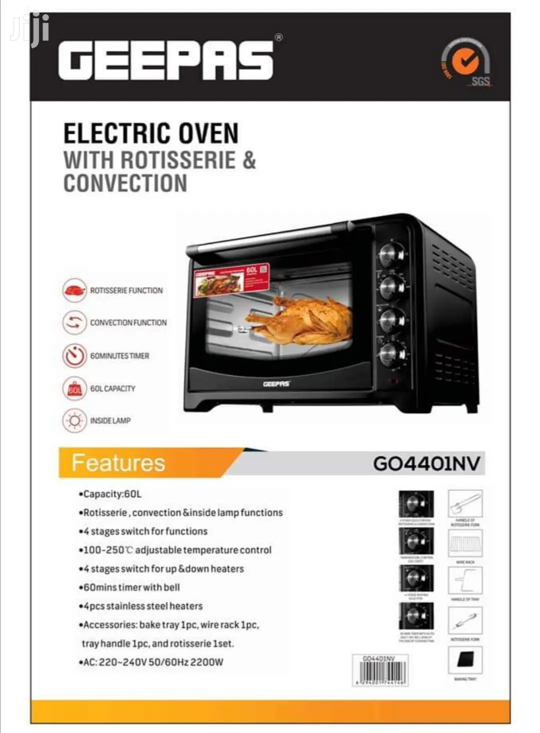 Geepas 60L Electric Convection Oven With Rotisserie 2200W