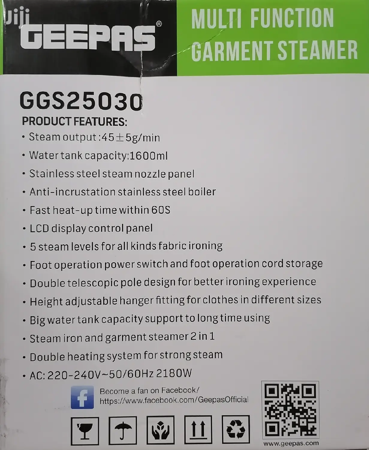 Geepas 1.6L Multifunction Garment Steamer 2180W