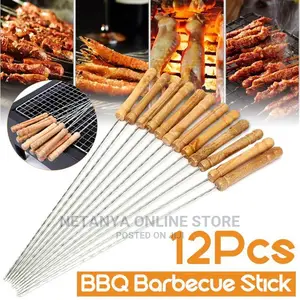 12pcs Bbq Barbecue Skewers With Wooden Handle.