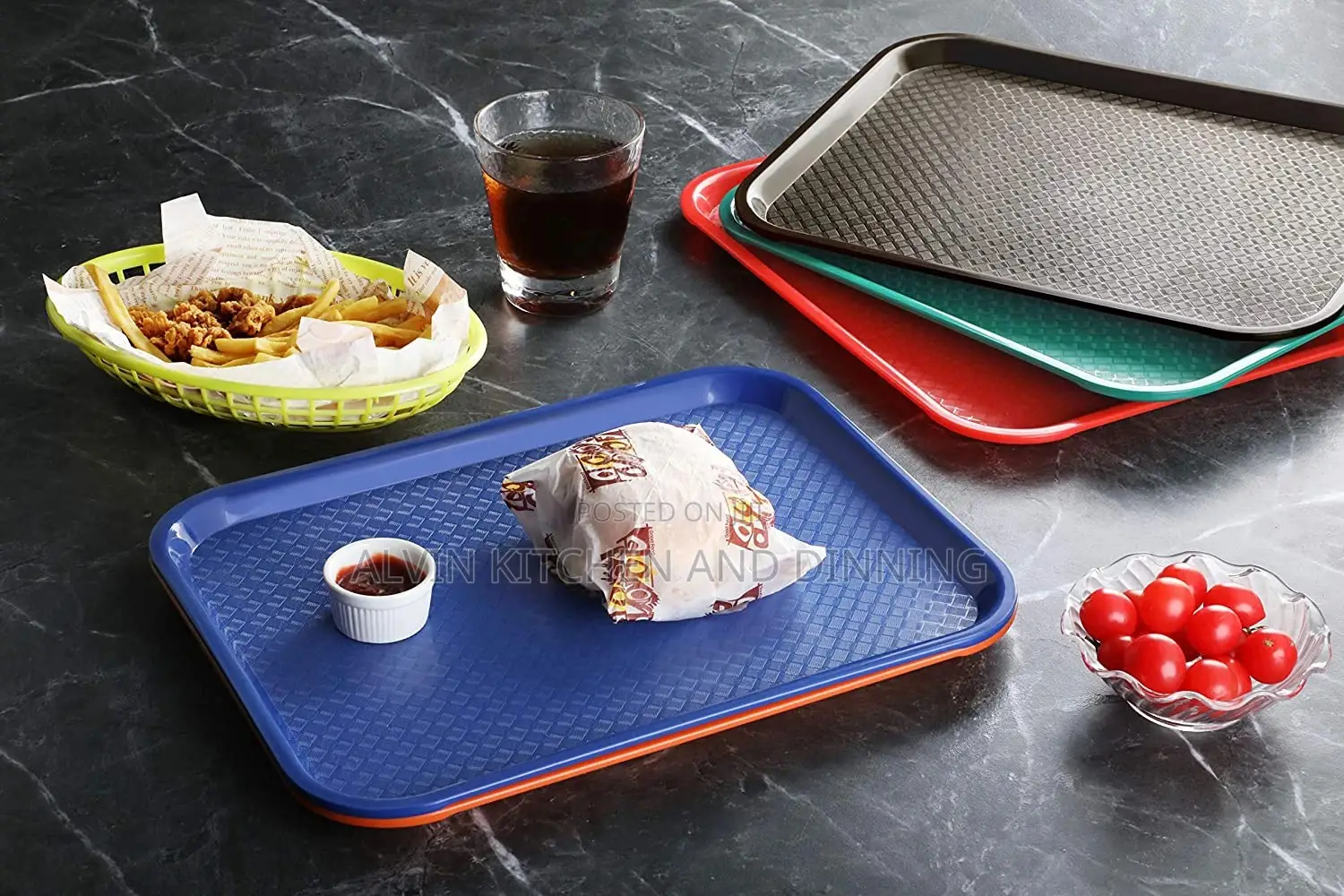 Blue Plastic Fast Food Tray, 10 by 14 Inch, Set of 12