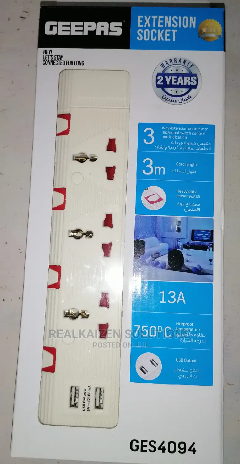 Geepas 3way Extension Heavy Duty Socket With 2 USB 3250W