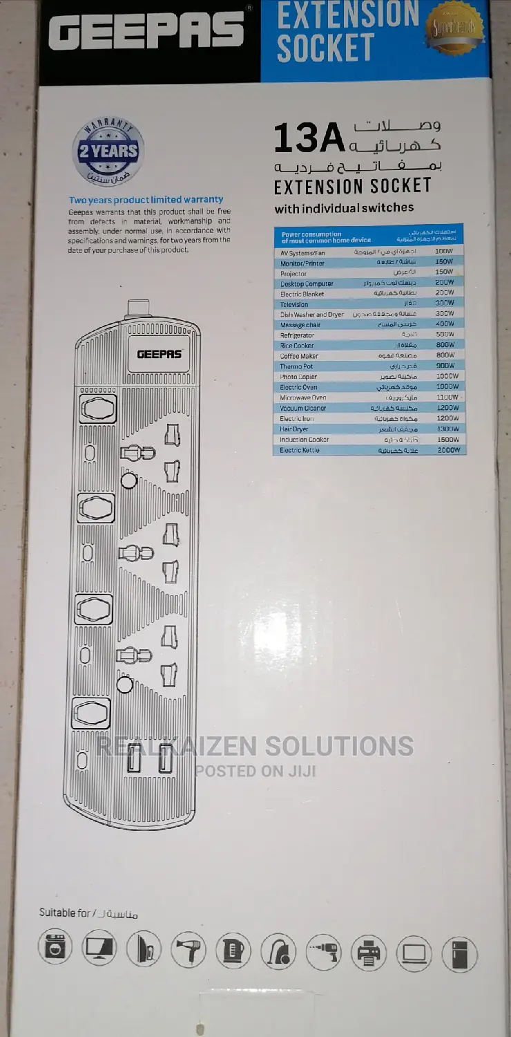 Geepas 3way Extension Heavy Duty Socket With 2 USB 3250W