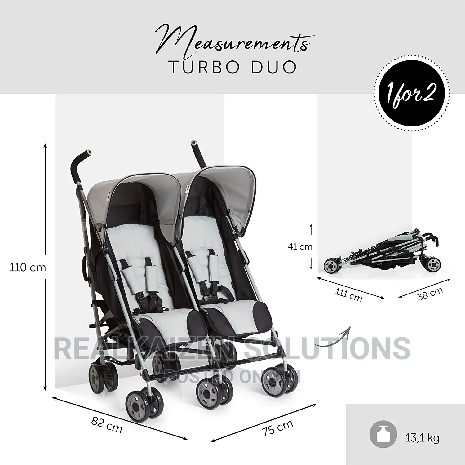 Original Hauck Twin Turbo Duo Stroller Caviar Stone 36kg