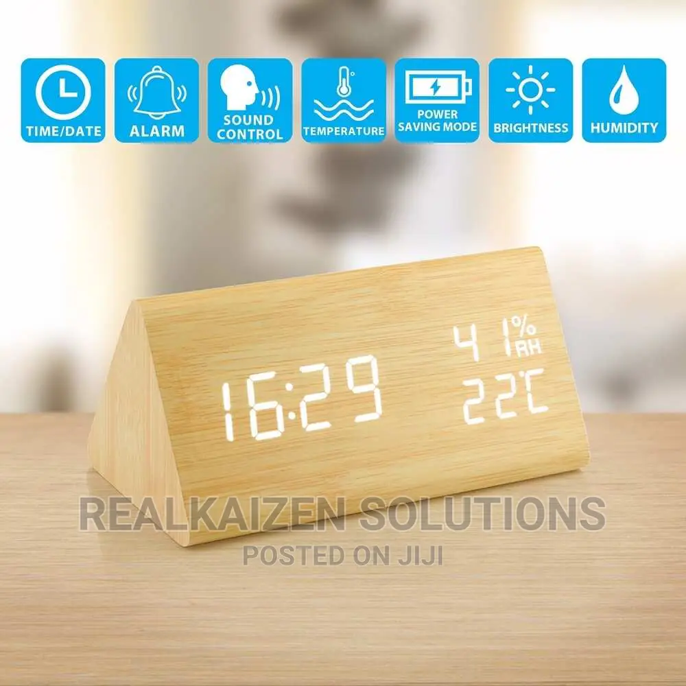Modern Brown Wooden Digital LED With Temperature Alarm Clock