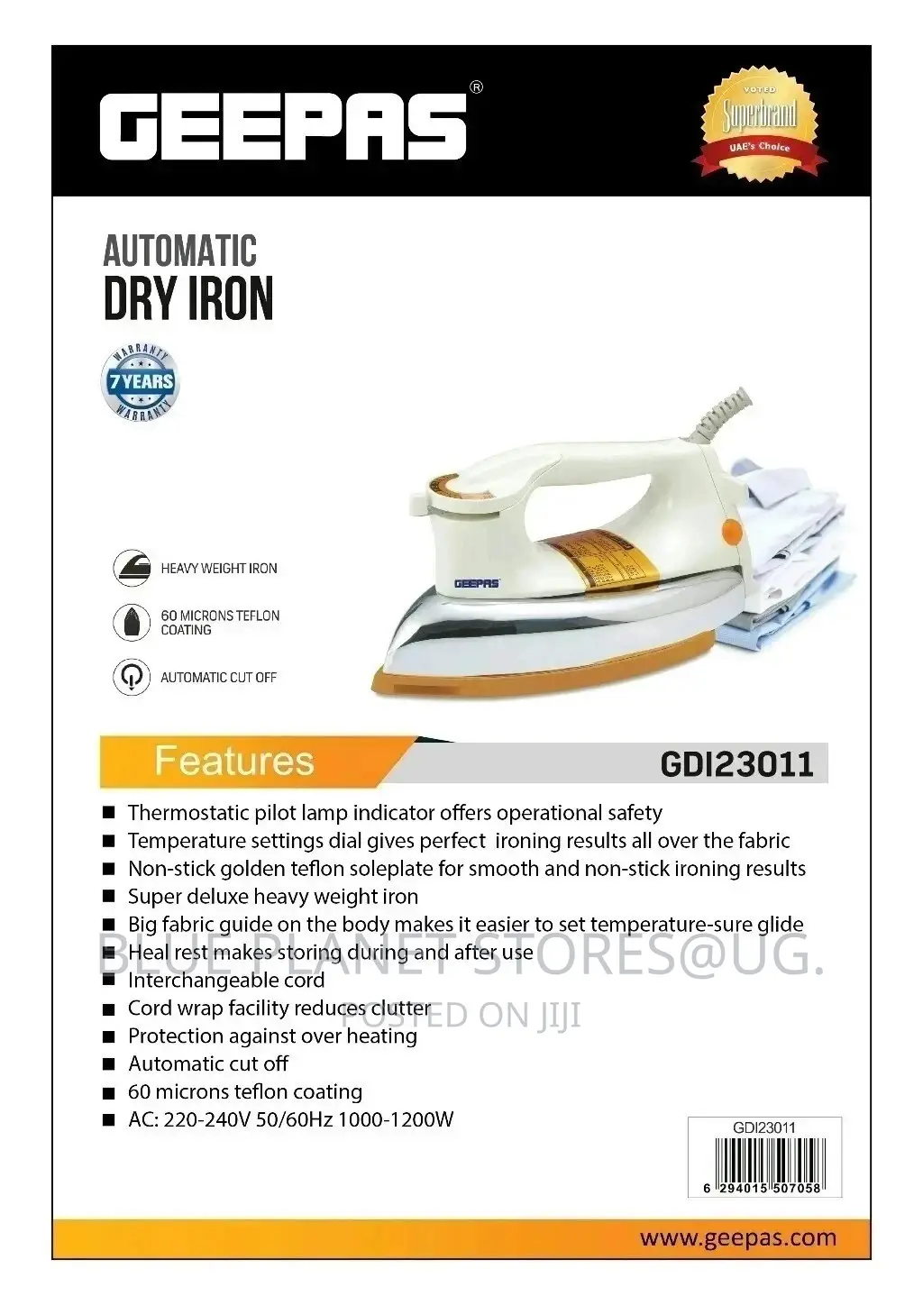 GEEPAS Automatic Dry Irons \\ 1000-1200w \\ GD-123011