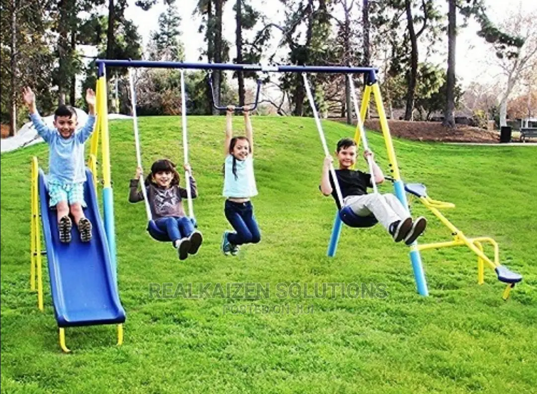 BOUNCE PRO Kid Metal Swing Set With Trapeze Seesaw And Slide