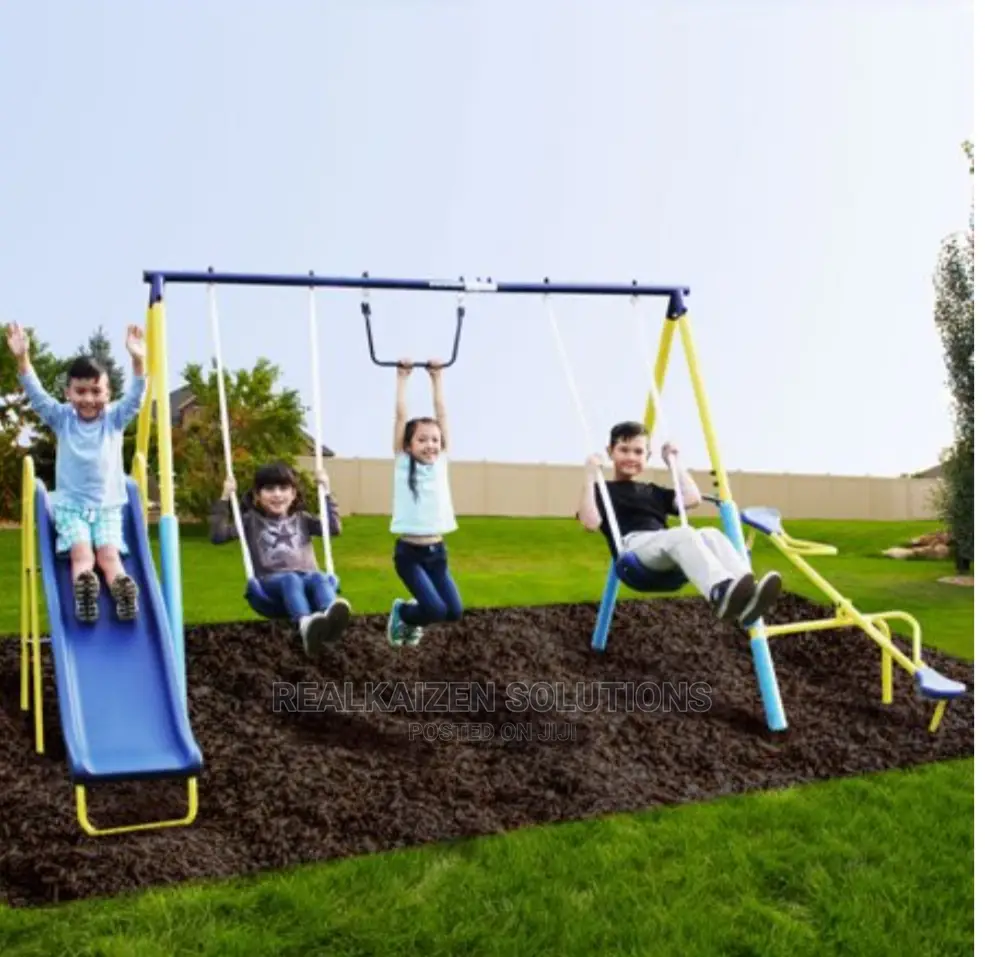 BOUNCE PRO Kid Metal Swing Set With Trapeze Seesaw And Slide