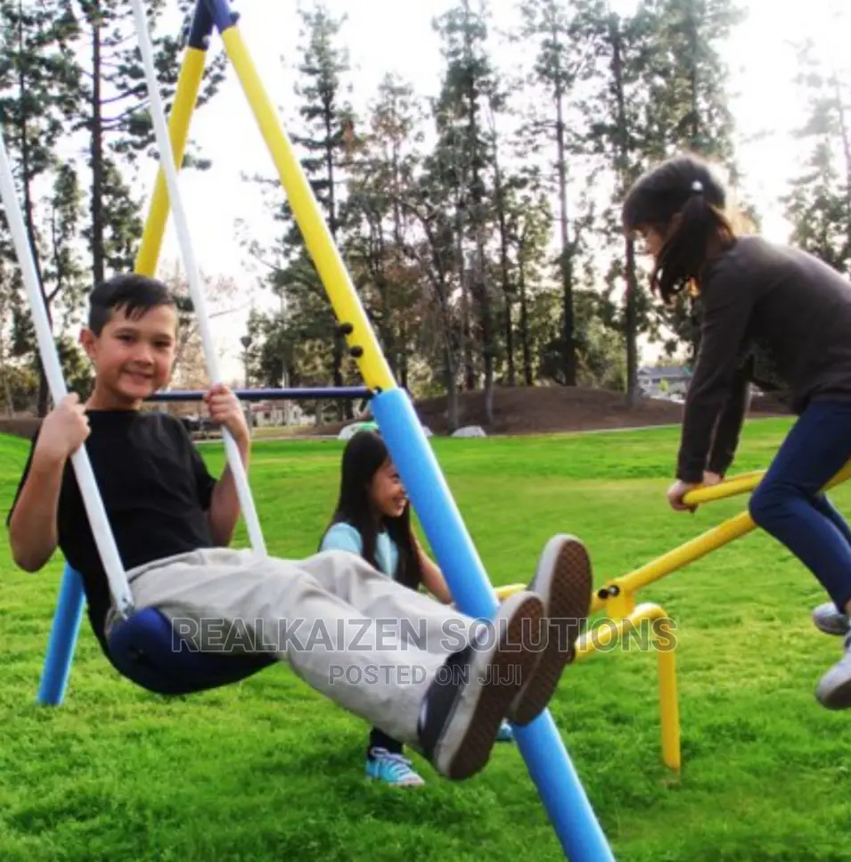 BOUNCE PRO Kid Metal Swing Set With Trapeze Seesaw And Slide