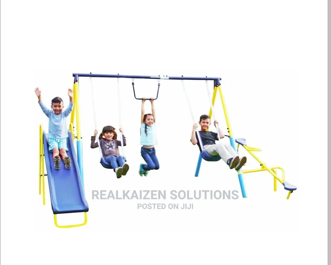 BOUNCE PRO Kid Metal Swing Set With Trapeze Seesaw And Slide